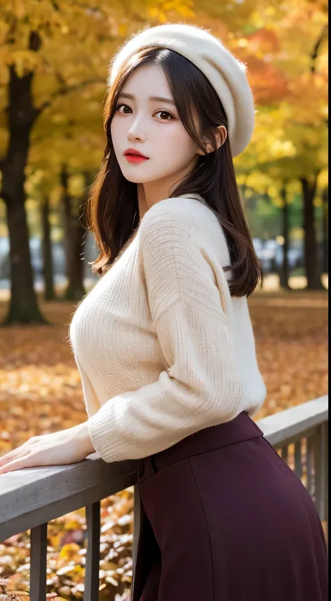 masterpiece,    best quality, shape, Very    Details,    Details, Highest resolution 8k wallpaper,         perfect dynamic composition   ,      beautiful details  ,       natural lips,, , whole body,     cardigan、    long skirt 、beret、   sexy face、Autumn b...