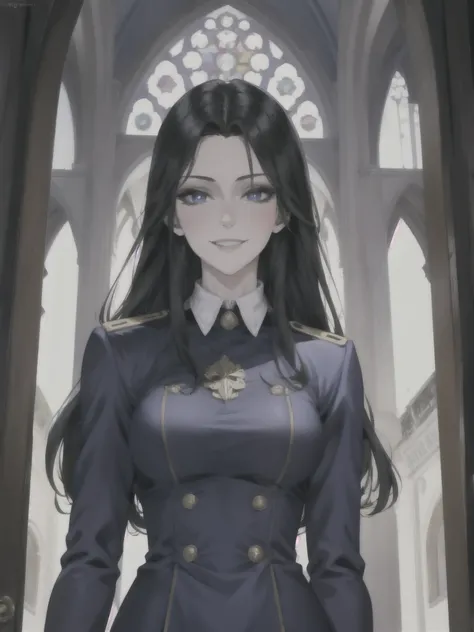 (masterpiece, best quality:1.2), 1girl, solo, black hair, blue eyes, black uniform, mature, smiling, masterpiece, beautiful eyes, perfect hands, perfect eyes, standing, front view, evil, church background