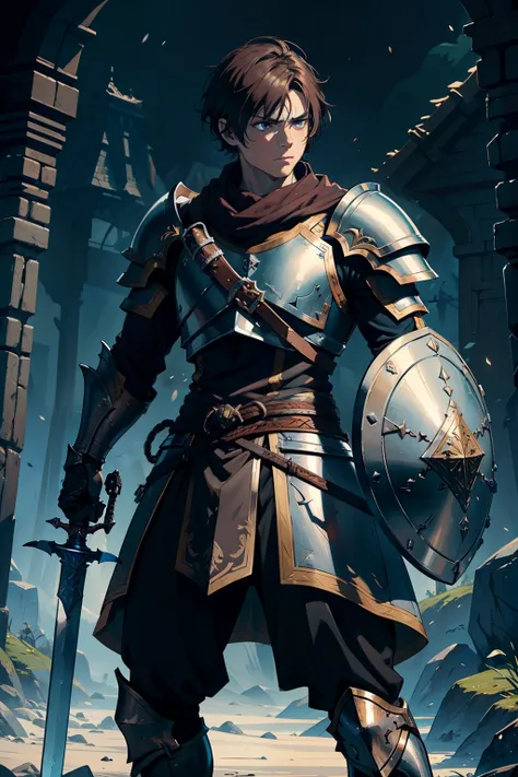 A,  character from DnD, Whole body, Warrior, wearing heavy armor, short hair, Slim, strong, holding sword and shield, detailed,  detailed hands , 4K, art concept, Fantasy,  High resolution ,  brown hair, Closed mouth, Necessary,  Better quality, a man, lon...