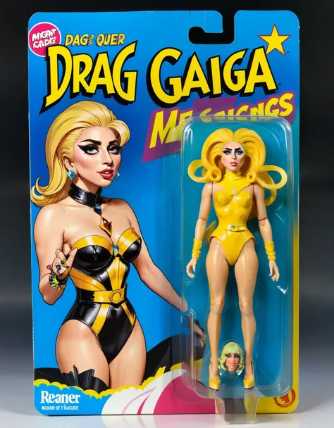 drag queen meticulously highly detailed, photo-realistic image of a Lady Gaga figure, packaged in a vibrant box. The packaging prominently features a cartoon illustration of a Lady Gaga characterized by exaggerated features and a signature expression. Besi...