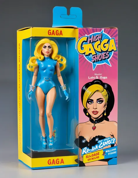 Lady Gaga meticulously highly detailed, photo-realistic image of a Lady Gaga figure, packaged in a vibrant box. The packaging prominently features a cartoon illustration of a Lady Gaga characterized by exaggerated features and a signature expression. Besid...