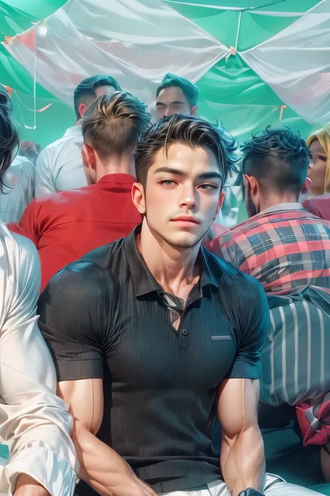 (The best quality, hiperrealistic de fondo varios colores armónicos:1.2),realistic, illustrator, 1 hombre joven elegant y sensual, elegant, adornos elegants, detailed lips, modern sensual casual clothing without showing intimate parts, red wine color gradi...