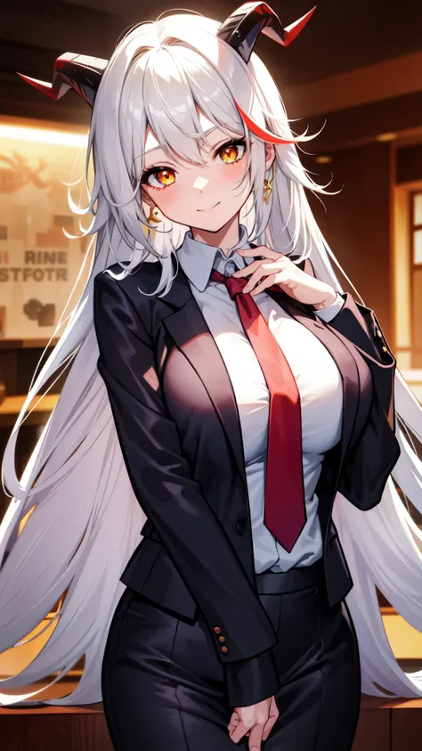 closed mouth, huge breasts, looking at the audience, white hair,,long hair,black horn,red multicolored hair,yellow eyes,,,,office lady,office room,standing,slim,business suit　,cowboy shot,,office lady,business suit,1 office worker,an office worker,necktie,...