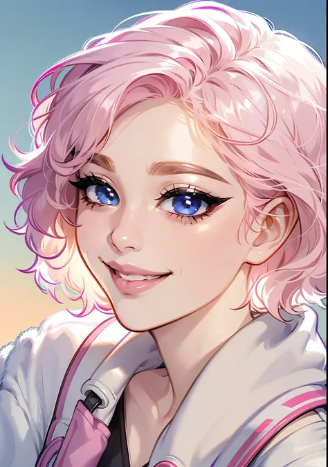 ultradetailed face, portrait, dynamic angle, detailed shading, short hair, wavy hair, light pink hair, pale skin, smiling, cute ...