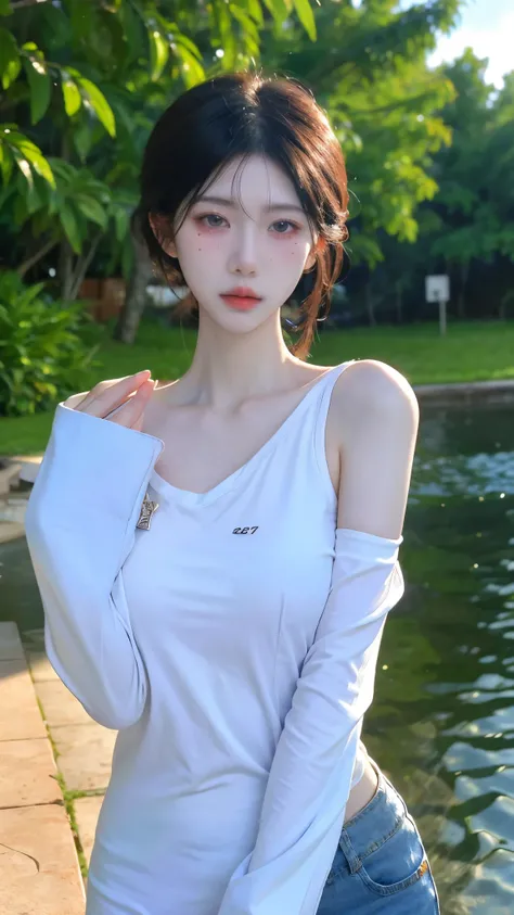 High quality，2k，Beautiful woman，Whole body：1.6，（（Imagine：1.4）），In the sea of flowers，skinny slacks：1.6，Big Breasts：1.8，包裹Big breasts的短袖，Swimming pool background，Snow-white and clear skin，Cold and ruthless expression，Obvious vest line，Have a perfect body：1....