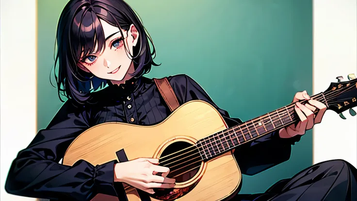 (( best quality)), ((masterpiece)), ( Details), 1girl, Black clothes, Black Eyes,Bob Hair , Black Hair ,  viewers,  long skirt,  Long Sleeve , smile,  is playing an acoustic guitar, charming background , 20 years old, Delicate fingertips,whole body,beautif...