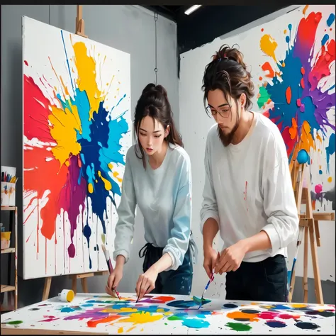 two people are painting in a studio with colorful paint on the walls, painting art, artistic interpretation, trending artistic art, professional artwork, collaborative painting, colorfull painting, color painting, painting on a canvas, artistic painting, c...