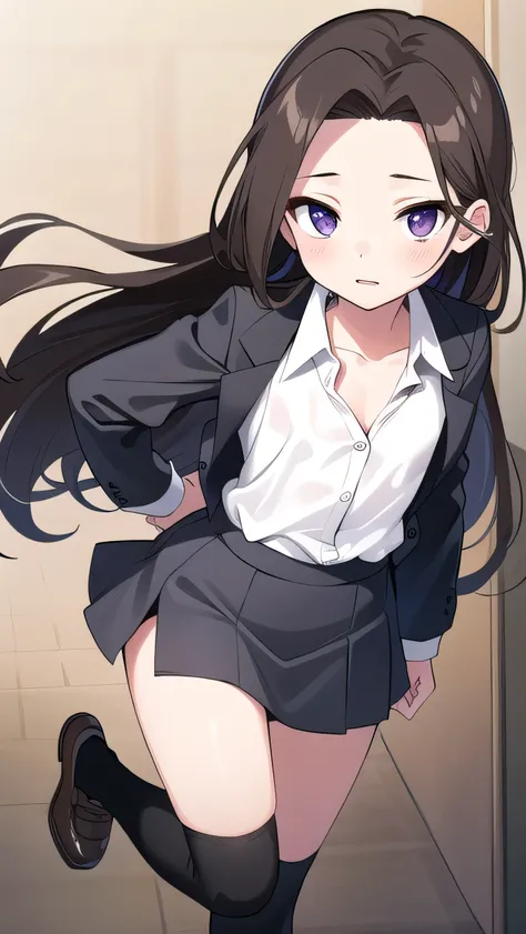 Brown hair, long hair, purple eyes,middle part，  wide forehead, white shirt, long sleeves, black miniskirt, black knee socks, middle school student, flat chest , short, narrow eyes, hanging eyes, forehead, straight hair，her bra is visible,