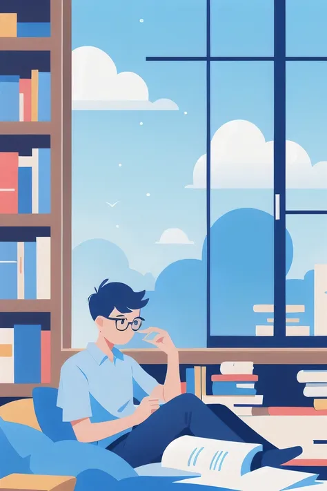   shadow flat vector illustration in the library,masterpiece, is the best quality,1 boy,Glasses,Read in the books library ,Quiet,books，masterpiece,  is the best quality, illustration,  flat shape,Clouds, Good shape ,  perfect line ,  perfect line draft , P...