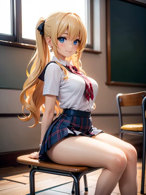 realistic and detailed image of a girl in a school uniform with pleated plaid mini skirt. she has long wavy blonde hair in pigta...