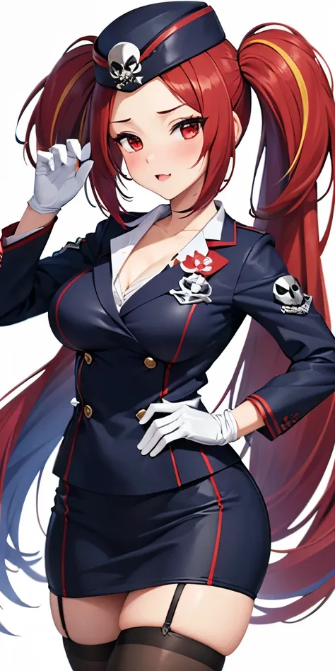 1 Female,High definition,high resolution,Ultra-realistic,8K, 1girl, solo, red hair, red eyes, twintails, employee uniform, pencil skirt, skull print, navy cap, fang, black legwear, white gloves, large breasts,European,sexy,Upper body close-up,Photographed from the front,Dynamic Angles,(blush), (medium tits) , multicolored hair 