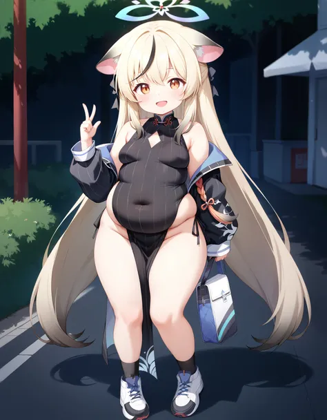 Masterpiece, hd, best quality, from front, kokona (blue archive),orange eyes,multicolored hair,very long hair,animal ears,halo,black dress,(pelvic curtain:1.2),jacket, white skirt,black socks,sneakers, standing, outdoor, happy, smile, obesity, very fat, ch...