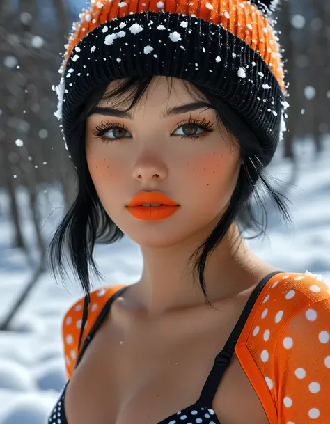 a sexy 18 year old girl with black hair,girl with winter hat,hunter orange polka dot bra and panties,snow on the ground,detailed face,beautiful detailed eyes,beautiful detailed lips,extremely detailed eyes and face,longeyelashes,photorealistic,high quality...