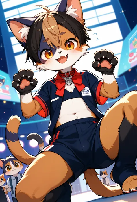 Super high resolution, detailed background, Kemoshota, short height, flaccid furry body, 7years old, innocent kindergarten furry boy, calico cat boy(white, brown, black marbled fur), furry actor boy, tail, smile and acting, embarrassed, furry ears, collar,...