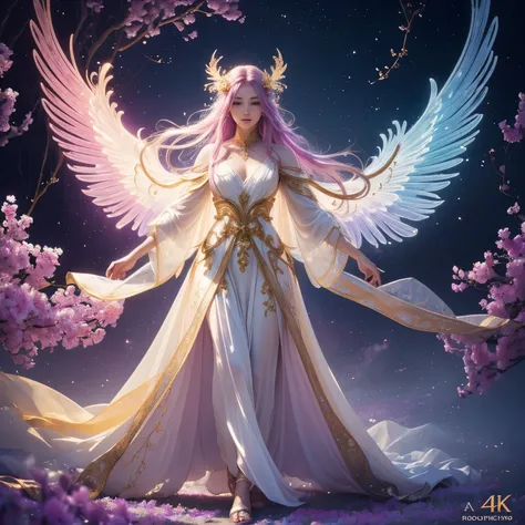 1 angel, age 30, (translucent yellow angel wings), long flowing violet hair, (sparkling glowing halo around head), flowers in hair, (best quality, 4k, 8k, hires, masterpiece:1.2), ultra-detailed, (realistic, photorealistic, photo-realistic:1.37), beautiful...