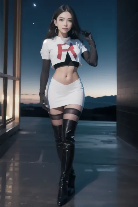 team rocket,team rocket uniform,white skirt,red letter R,crop top,black thigh-highs,black elbow gloves, night sky background, earrings, large breasts, high-heeled boots, 4 girls