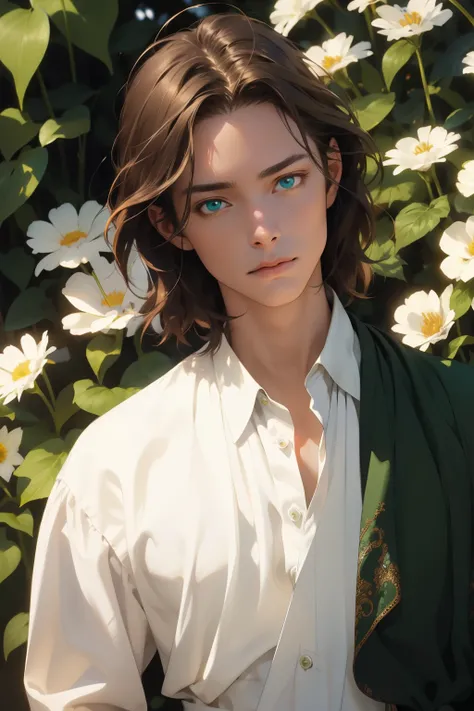 1 man, realistic, master-piece, bestquality, beautiful,  detailed eyes and detailed faces.,natural light, medieval fantasy, European retro , white shirt, income,  long dark brown hair ,  emerald green blue , attractive, depressed, decorative flowers, sunsh...