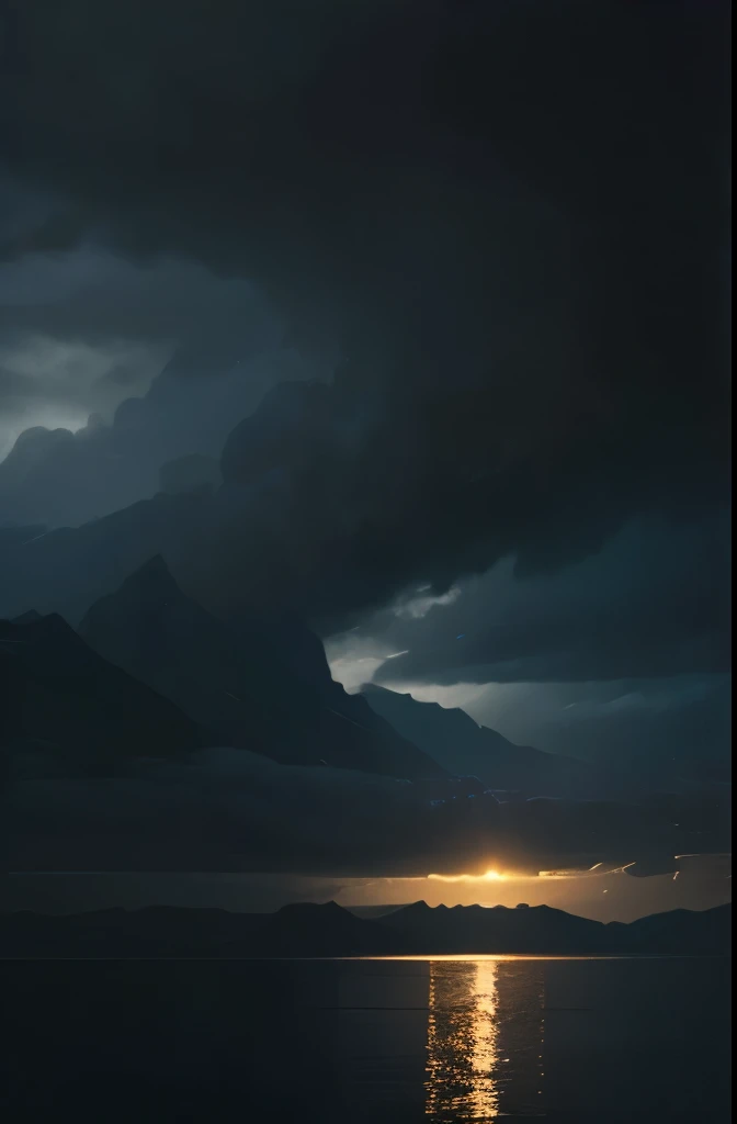 a dark sky over a body of water , shades of blue and grey, by Cedric Peyravernay, by Andrew Geddes, by Harald Giersing, by Cleve Gray, by Maurice Esteve, awesome and moody, vibrant but dreary blue, dramatic and atmospheric, by Alasdair Grant Taylor, shades...