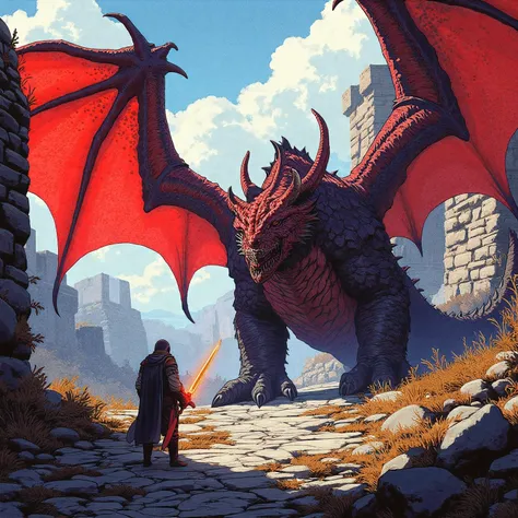 "img_2384.cr2: an epic fantasy scene in pixel art style, featuring a massive red dragon with black and gray scales and wide, bat...