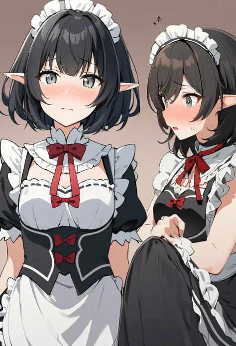 1girl, elf, maid. maid uniform, bashful expression, blushing red, short hair, gray eye color, (black hair color)