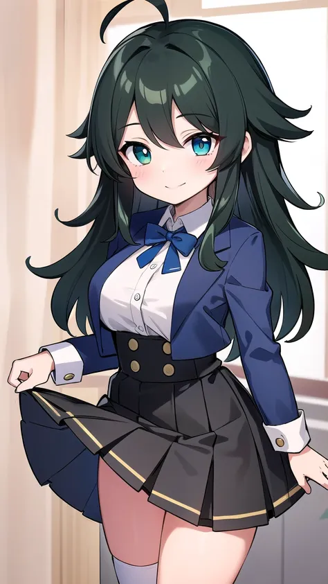 Junior high school student who looks like an elementary school student, , very short, 140 cm tall, black hair with a slight green tinge, short ahoge, beautiful long hair but with a little hair sticking out, beautiful round eyes, blue eyes, smile, boyish, l...