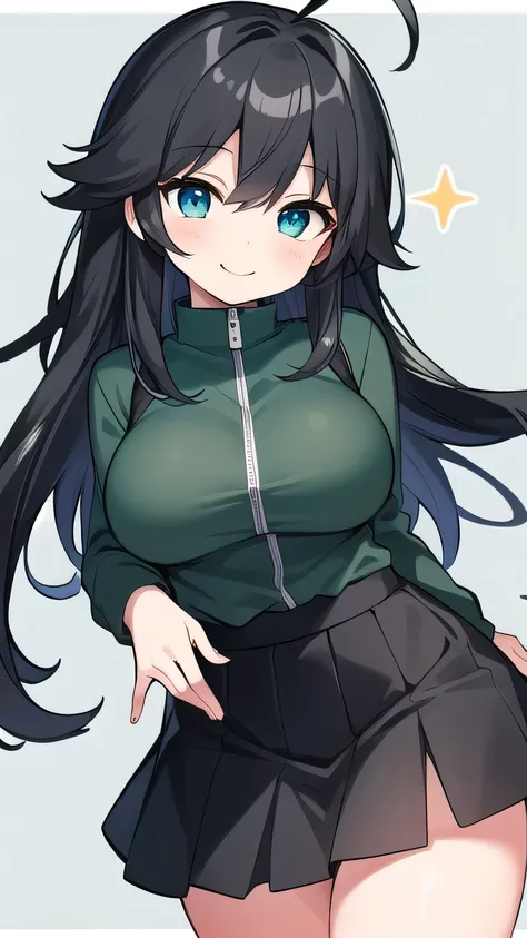 Junior high school student who looks like an elementary school student, , very short, 140 cm tall, black hair with a slight green tinge, short ahoge, beautiful long hair but with a little hair sticking out, beautiful round eyes, blue eyes, smile, boyish, l...