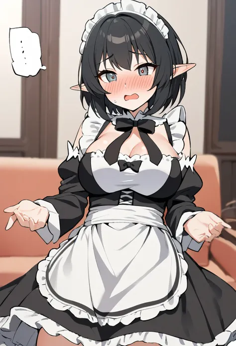 1girl, elf, maid. maid uniform, bashful expression, blushing red, short hair, gray eye color, (black hair color), large breasts