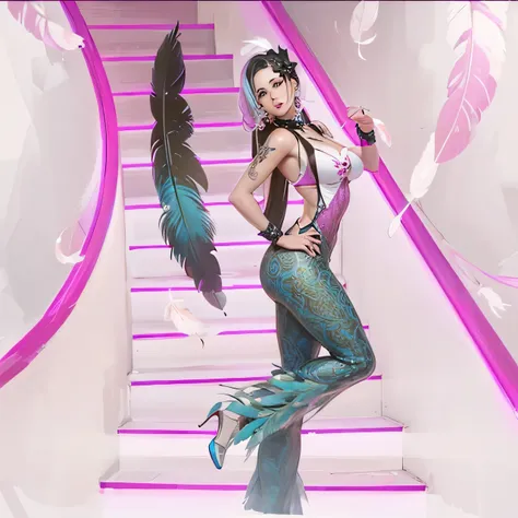 there is a woman that is standing on a set of stairs, imvu, second life avatar, fashion gameplay screenshot, glamor pose, doing a sassy pose, ! movie scene, sassy pose, y 2 k style, y2k style, holding a pudica pose, secondlife, pudica pose, fashion pose, anime style”HD, (Best Detail), (Best Quality), Detailed Features, (Colored Feathers:1.5), Metal Ornaments, Particles, Light, (Fractal Art: 1.1), (Colorful: 1.1), Highest Detailed, (Zentangle: 1.2), (Abstract Background: 1.3), (Shiny skin), (many colors:1.4), (feathers:1.4),