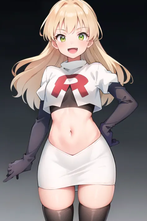 RikaJou, 1girl, solo, long hair, blonde hair, green eyes, small breasts, fang, smile, 8k, masterpiece, best quality, absurdres, perfect anatomy, cinematic lighting, cowboy shot,team rocket,team rocket uniform,white skirt,red letter R,crop top,black thigh-h...
