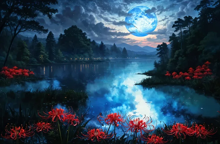 (masterpiece, Best Quality, Super detailed,, ), spiderlilies,red spider lilies,Lake ,blue moon,cloud,spiderlilies,red spider lilies, , Night forest background,Night natural scenery, night