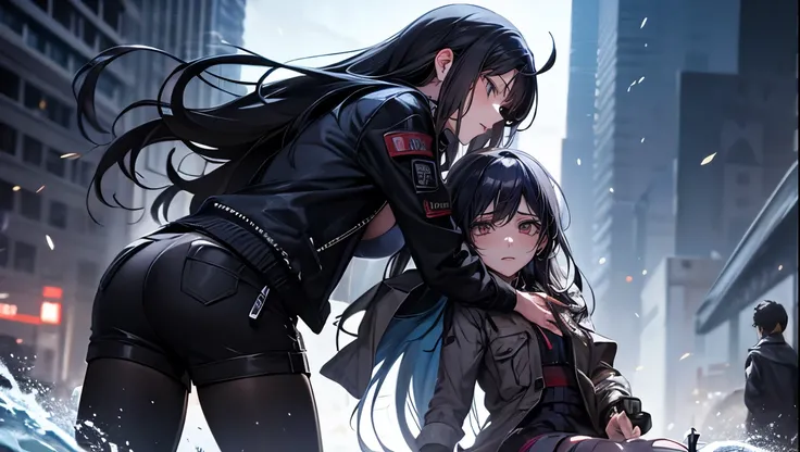 Battle between beautiful girls, Worn casual jacket, Long Hair, Mechanical arm in cyberpunk night scene,  cyberpunk dark background　 Hot Pants　 current from the machines arm　splashing currents 　 stylish action　Angry expression　dark night ruins background 　a...