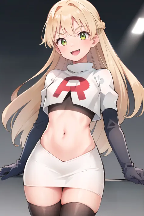 RikaJou, 1girl, solo, long hair, blonde hair, green eyes, small breasts, fang, smile, 8k, masterpiece, best quality, absurdres, perfect anatomy, cinematic lighting, cowboy shot,team rocket,team rocket uniform,white skirt,red letter R,crop top,black thigh-h...