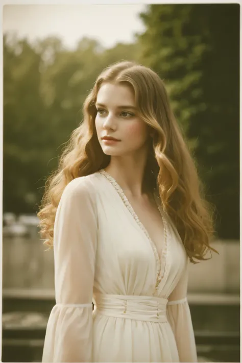 Film still, 1girl, very beautiful supermodel face, dreamy angelic face, 1910 blowout half tied wavy Hair, 1910 fashion, 1910 makeup, highlighted Hair, pale skin, paris outdoor, rich girl, denise poiret