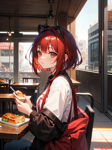 raccoon girl ,Crimson hair, short hair, lunch,