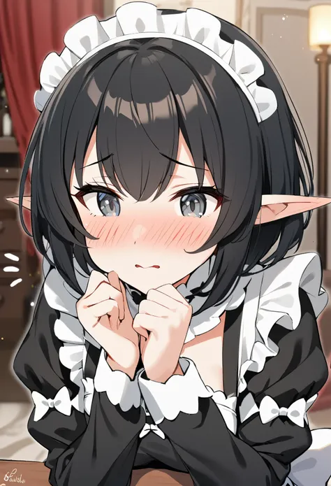 1girl, elf, maid. maid uniform, bashful expression, blushing red, short hair, gray eye color, (black hair color)