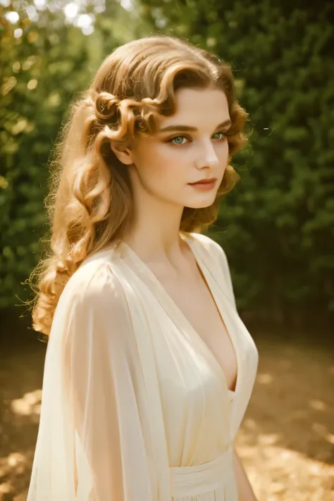 Film still, 1girl, very beautiful supermodel face, dreamy angelic face, 1920 blowout wavy Hair, 1920 fashion, 1920 makeup, highlighted Hair, pale skin, mansion outdoor, rich girl