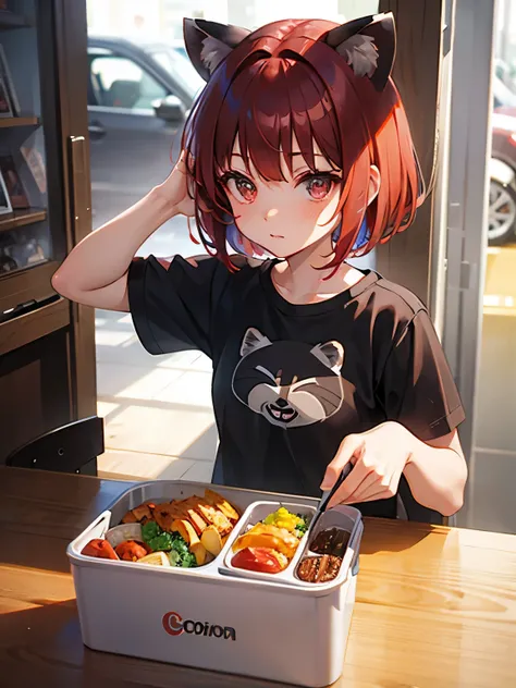 raccoon girl ,Crimson hair, short hair, lunch,