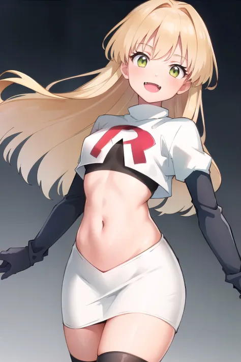 RikaJou, 1girl, solo, long hair, blonde hair, green eyes, small breasts, fang, smile, 8k, masterpiece, best quality, absurdres, perfect anatomy, cinematic lighting, cowboy shot,team rocket,team rocket uniform,white skirt,red letter R,crop top,black thigh-h...