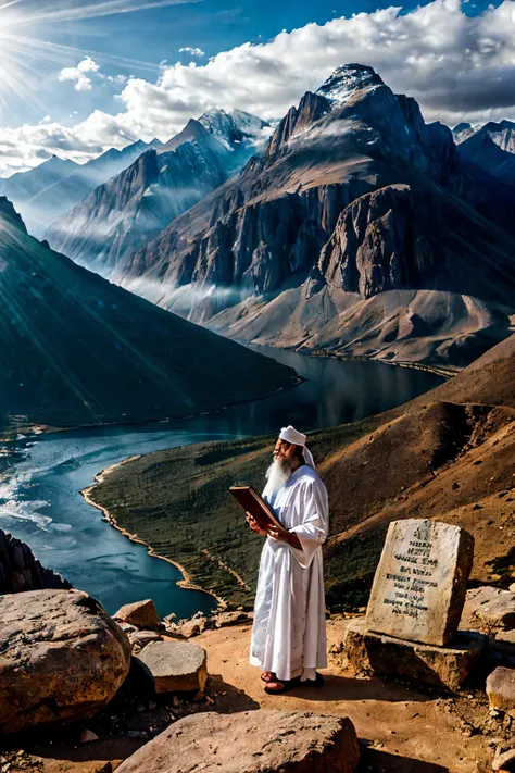 Moses is depicted on Mount Sinai, holding two stone tablets inscribed with the Ten Commandments. His expression is one of authority and reverence. He is dressed in a flowing white robe with a mantle. The majestic mountains rise behind him, and a dramatic s...