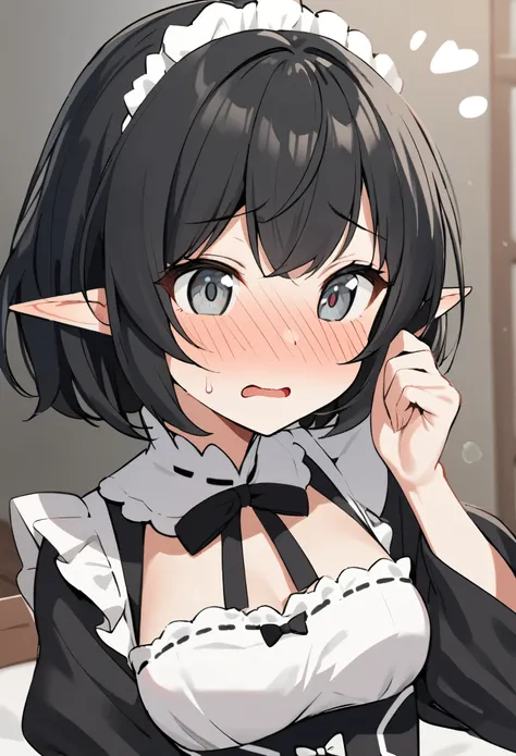 1girl, elf, maid. maid uniform, bashful expression, blushing red, short hair, gray eye color, (black hair color)