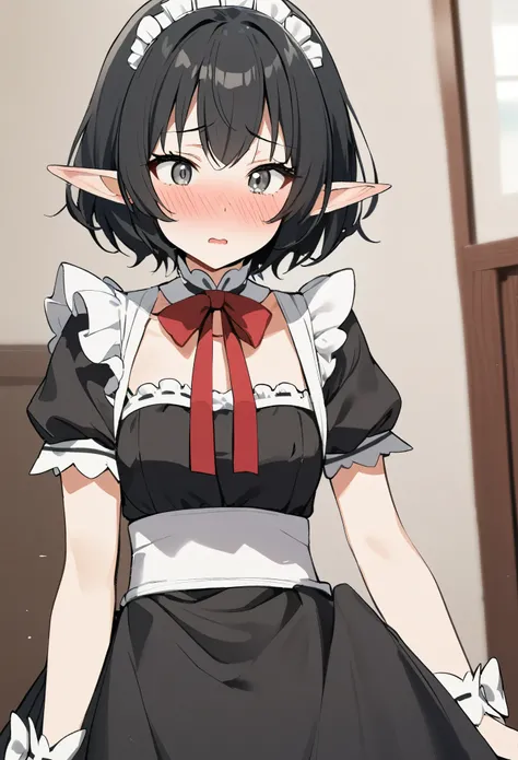 1girl, elf, maid. maid uniform, bashful expression, blushing red, short hair, gray eye color, (black hair color)