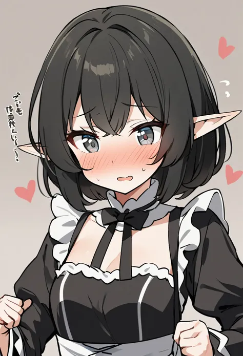 1girl, elf, maid. maid uniform, bashful expression, blushing red, short hair, gray eye color, (black hair color)