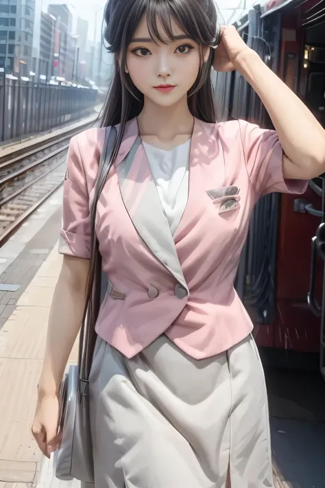 (masterpiece:1.2, Best Quality:1.2), 32K HDR,  High Resolution , (Alone、 1 girl)、（on board、 Professional Lighting）、In-flight background、（Nankai train crew uniform pinkを着たリアルスタイル）、（（ pink short sleeve jacket from Nankai train crew uniform pink、collarless bl...