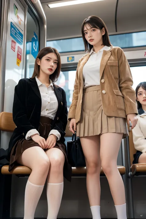 heavy rain, Soaking wet, Long Hair, bangs, (Two Girls:1.2), skirt, Brown Hair, shirt, Black Hair, Brown eyes,  bob Hair, standing in Train seat, white polo shirt, pleated skirt, Open clothes, shoes, socks, Striped, collared shirt, (corduroy Jacket:1.3), 
H...