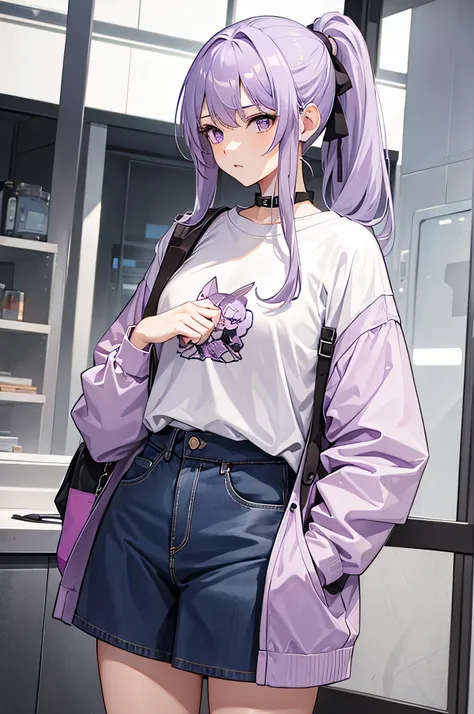 A tall teenage girl with ponytail hair, light purple hair, wearing casual clothes, High detailed. Hd