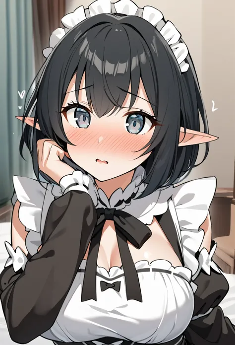 1girl, elf, maid. maid uniform, bashful expression, blushing red, short hair, gray eye color, (black hair color), large breasts