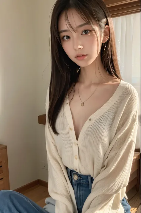 (Highly realistic photos, High resolution, Detailed face, Fine grain), ((Shooting in the room))、Japanese women, 20-year-old, A variety of expressions, alone:1, Slim figure, Various hairstyles, Casual clothing, alone in the photo、Selfie、Photographed in natu...