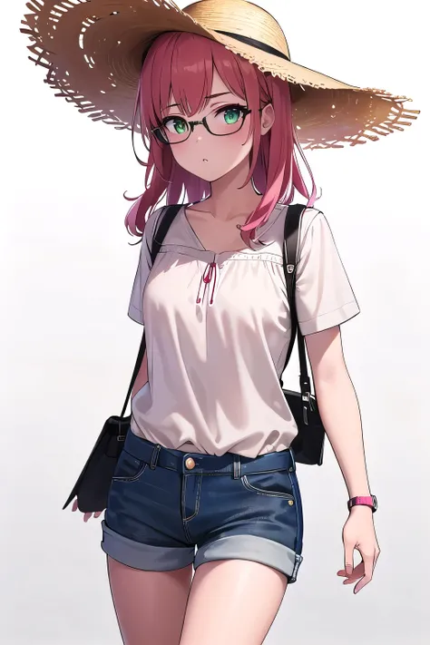 1girl,Samus aran,solo,green eyes, pink hair, forehead   hair, Lightweight red blouse, beige linen shorts, brown leather sandals, straw hat, crossbody bag, minimal jewelry, relaxed and chic look,cowboy shot,blush,,Science fiction,ultra-detailed,sharp focus,...