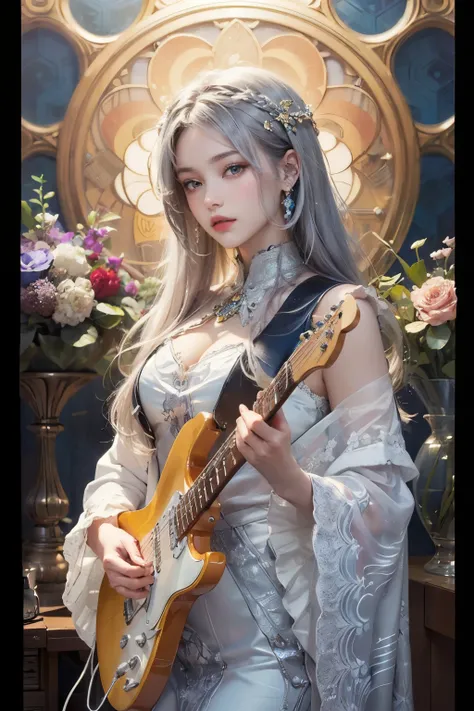 information(masterpiece, Best Quality,  best quality, Official Art,  beautiful and aesthetic :1.2), ( 1 girl),  Extremely Detailed ,( Fractal Art :1.3),colorful,Best details,　Floral frame， Decorative panel， Alphonse Mucha 、Silver Hair、Crystal Eyes 
、zodiac...