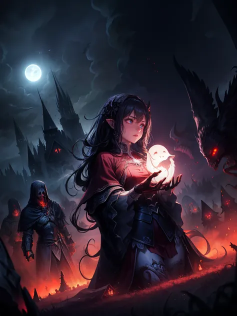 (Masterpiece, highest quality, Best Quality, Beautiful and aesthetic:1.2), nighttime, full moon glowing red in the background, cloudy sky, (Flying ghost surrounded by hordes of undead and spirits:1.5), evil magical energy swirling, epic fantasy scene, (ins...